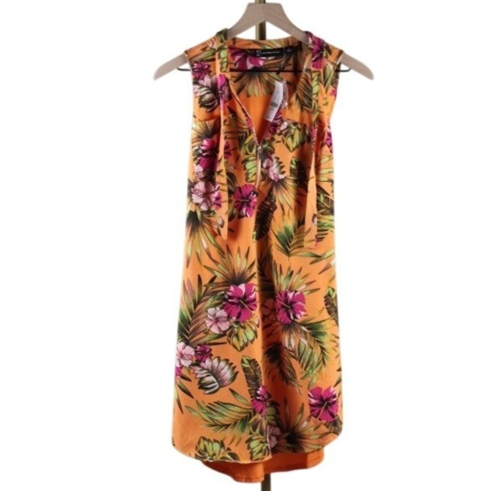 New York & Company Tropical Hibiscus Floral Half Zip Sleeveless Belted Dress S